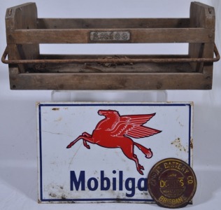 Exide Battery Box, Mobilgas Tin Sign, Downs Battery Co Label