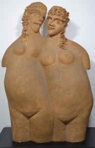 Sculpture - Houwen Els, Embracing Ladies, Clay, Signed to side, H 97cm x W 63cm.