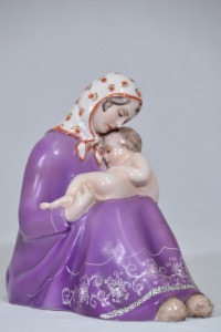 Religious Artifact - Seated Madonna with Child, Hand painted Porcelain, H 16cm x W 15cm