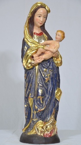 Religious Figurine - Madonna with Child, Hand painted timber sculpture with gold leaf, H 45cm.