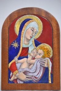 Religious Figurine - Kamilla Szakos, Madonna with Child Decorative Plaque - Painted enamel copper mounted on timber, Paperwork to rear. H 19cm x H W 13cm.