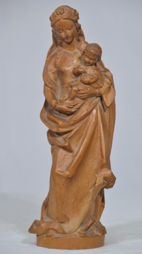 Religious Figurine - Madonna with child, Carved Timber Sculpture, H 25cm.