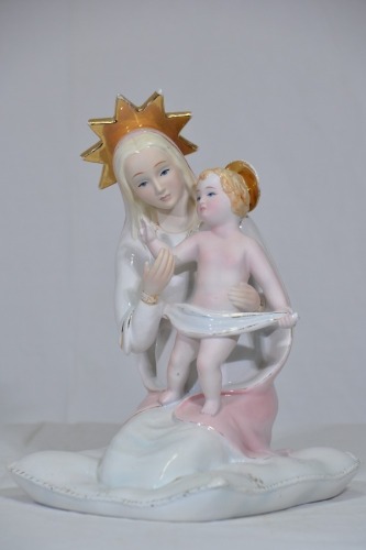 Religious Artifact - Madonna with Child, Italian plaster figurine, Signed to base, H 26cm, Wear to gold gilt highlights