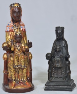 Religious Figurine x2 - Madonna with child. 1x cast steel alloy unsigned H 13cm 1x decorated timber with gold leaf initialled JW to rear, H19cm.