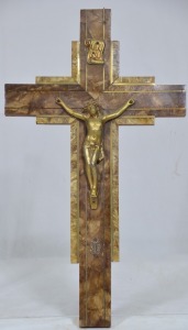 Religious Artifact - Spelter Christ on the Cross, Painted cast figurine on veneer inlay, H 30cm