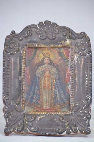 Religious Artifact - Virgen del Quinche, Our lady of Solitude, Spanish Colonial painted mural in timber, 17cm x 13cm, minor wear to artwork.