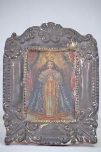 Religious Artifact - Virgen del Quinche, Our lady of Solitude, Spanish Colonial painted mural in timber, 17cm x 13cm, minor wear to artwork.