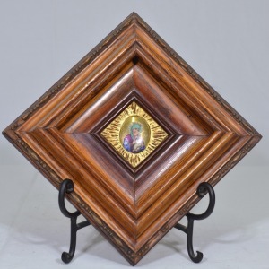 Religious Artifact - Madonna with Child Icon, hand painted on porcelain (6cm x 6cm), Eastern European wood frame, 21 x 21cm