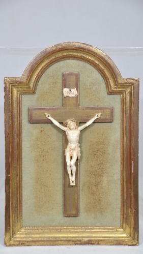 Religious Artifact - Framed Crucifix, Non-composite figurine on timber, 32 x 18cm.