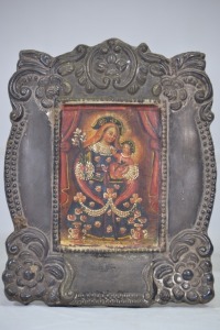 Religious Artifact - Madonna with Child, Spanish Colonial metal plaque mounted on wood, 19cm x 15cm