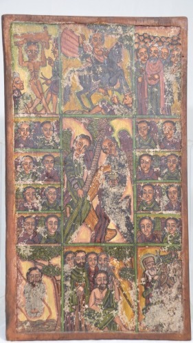 Religious Artifact - Ethiopian Storyboard, Hand painted on timber, 49 x 28cm. Wear to paint, crude and unique