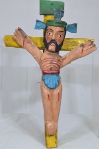 Religious Artifact - African American folk art crucifix, Hand painted timber, H 48cm.