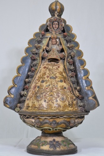 Religious Artifact - Madonna with Child, Spanish colonial figurine hand painted terracotta. H 52cm, Minor damage.