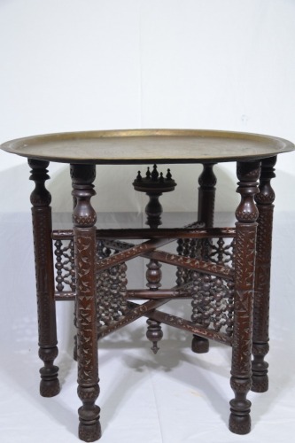 Furniture - Asian Tray Table, Teak & Brass, H 56cm x W 60cm