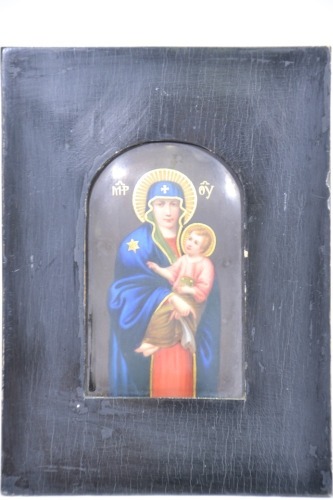 Religious Artifacts - Russian Icon Madonna and child, Hand painted on porcelain in timber frame, 17 x 13cm