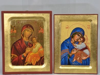 Religious Artifact x2 - Greek Icons, Transfer on timber, 24 x 19cm, 23 x 17cm.