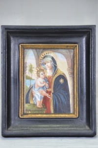 Religious Artifact - European Miniature Icon, Hand painted Madonna with Child, Black lacquer frame with purchase receipt, 9 x 7cm