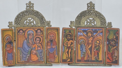 Religious Artifact - Ethiopian Triptych, Featuring Madonna with Child and the Crucifixion. Hand painted with metal base, 16 x 15cm.