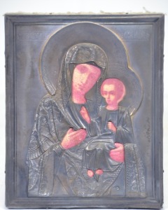 Religious Artifact - Russian, Hand painted Madonna with Child, Silver and wood, 18 x 14cm