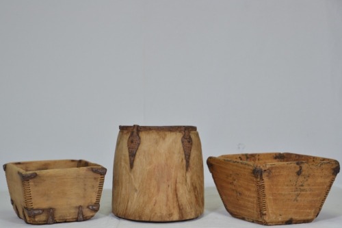 Tribal antiques - timber vessels with hand forged metal fittings x3 27 cm