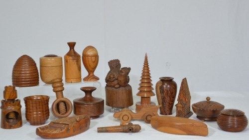 Wooden Items x 18 - A Selection of hand crafted timber items including nutcrackers, honey pots, bowls, etc.