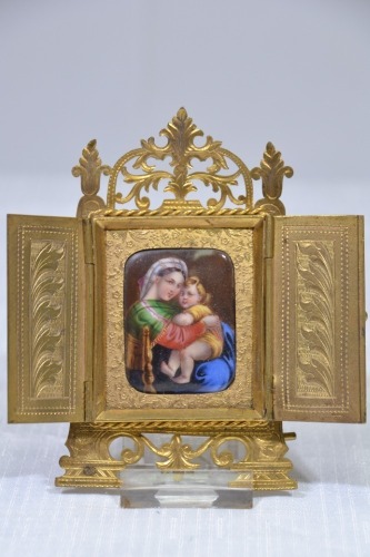 Religious Artifact - Metal and enamel folding miniature alter, 12 x 10cm