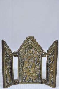 Religious Artifact - Brass folding religious alter triptych, 13 x 15cm.