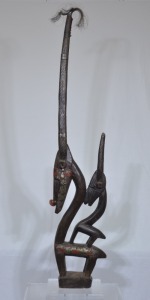 Tribal - African Sculpture, Timber and metal decorated with hair & shells, perspex display base, H 102cm