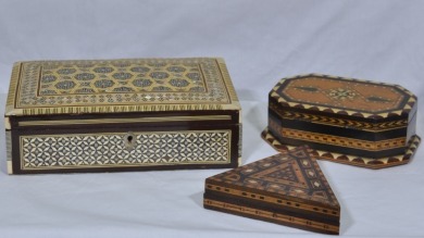 Wooden Items - Vintage Trinket Boxes, Timber inlaid with shell and bone, 26 cm x 16 cm