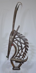 Tribal - African Sculpture, Timber and metal decorated with hair & shells, perspex display base, H 102cm