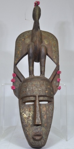 Tribal Artifact - Mask with spirit bird to top, Painted timber, 76 x 25cm.