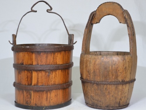 Wooden Items - A pair of wooden Buckets/ Pales, European and Asian origins, Timber with steel fitting, some patina. H 50 cm