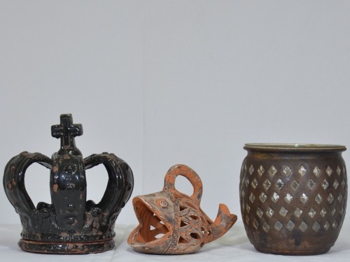 Pottery x 3 - figural candle holders, Terracotta fish, Terracotta crown, Turkish steel & glass basket. 22 cm