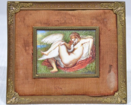 Miniature - Leda and the Swan hand painted in metal frame, 11 x 13cm