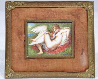 Miniature - Leda and the Swan hand painted in metal frame, 11 x 13cm