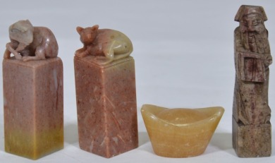 Asian -Assorted stone figures, including Chinese stone chops with various carved animals and good luck stone teal.