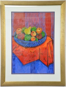 Art - Hudson 1991, Bowl of fruit on orange cloth, Still life, oil on card, under glass, 94 x 71cm