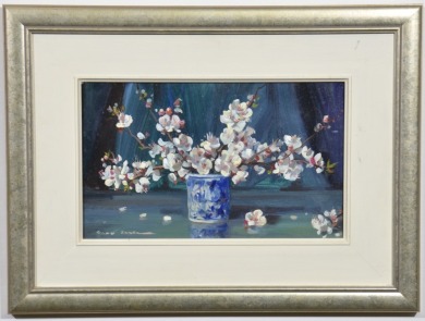 Art - Gary Baker, Cherry Blossoms, Oil on Board, approx. 32 x 20cm (with frame 39 x 52cm)