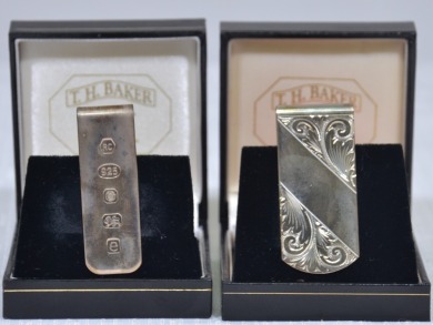 Jewellery - Silver money Clips x2, one with Hallmark.