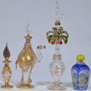 Art Glass x3 - Egyptian and Chinese themed oil bottles. H17cm