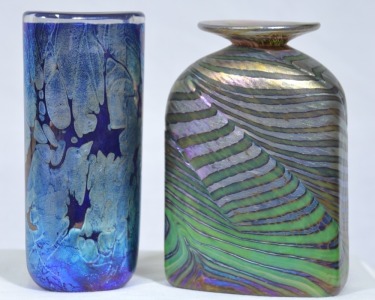 Art Glass x2 - Bottle and Vase, both signed to base. H13cm