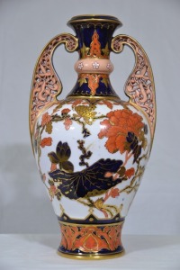 Fine China - Crown Derby, 2 handled vase, red peony Leaves and gilt, C1870, with paperwork, H 29cm