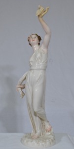 Figurine - Impressed mark, Lady with dove, Highly glazed porcelain, European, 42cm, Repaired to hand