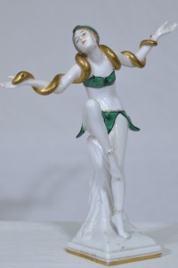 Art Deco Figurine - Gullaba & Hoffman, Snake dancer green, German 1905-1937, 18cm, Undamaged