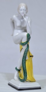 Art Deco Figurine - Gullaba & Hoffman, Snake dancer yellow, German, 18cm, Repaired to thumb