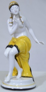 Art Deco Figurine - Unmarked, Dancing post, German, Yellow painted porcelain, 18cm