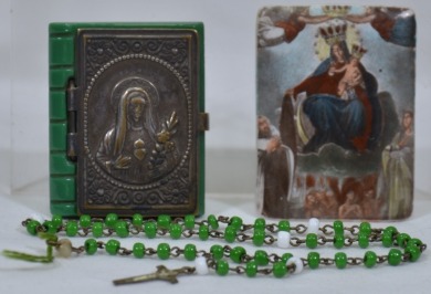 Religious Artifacts - 1 x Small box with rosary, 1x small religious plaque.