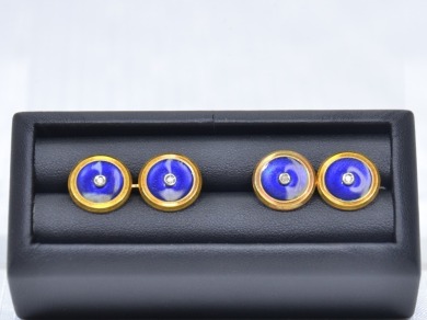 Jewellery - Pair of Cufflinks, 18k gold, blue enamel & jewelled. 13.4g