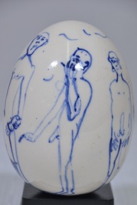 Erotic Figurine - Ceramic Egg decorated with erotic painted figures, H 10cm.