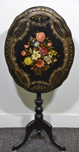 Furniture - Victorian tilt top table. Paper Mache hand painted with mother of pearl inlaid, 62 x 50cm